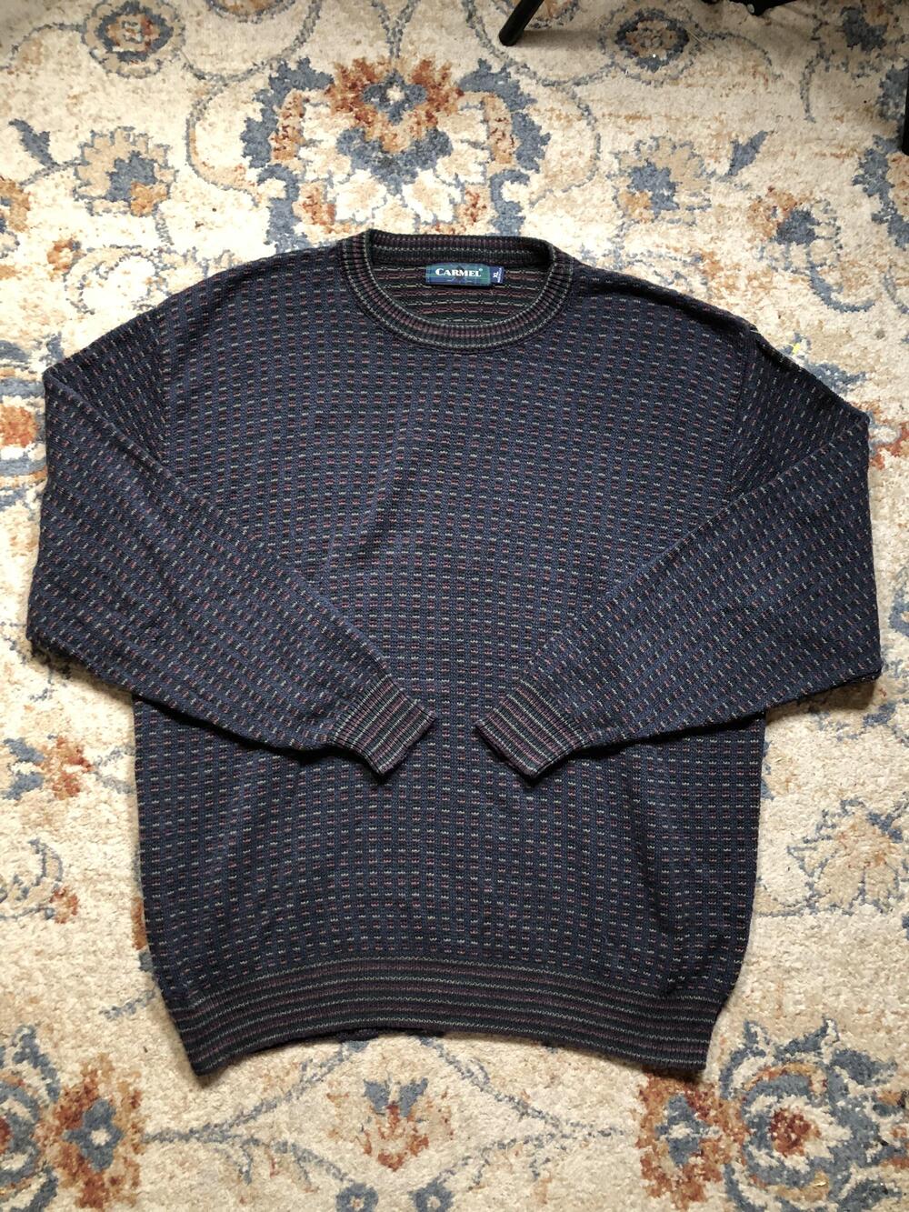 Carmel Sweater Mens XL Navy Multicolor Knit Textured Crewneck Warm Made in USA